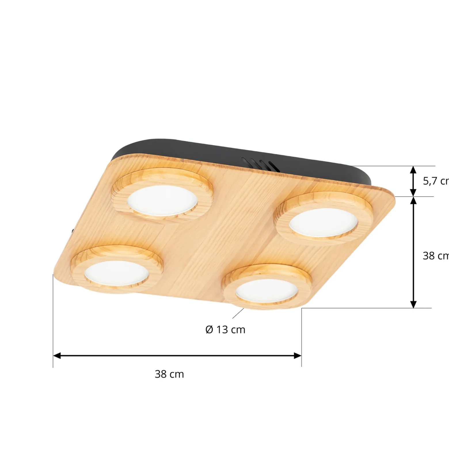 Foco LED Lindby Joren, madera, 38 x 38 cm, 4 luces, 3.000 K