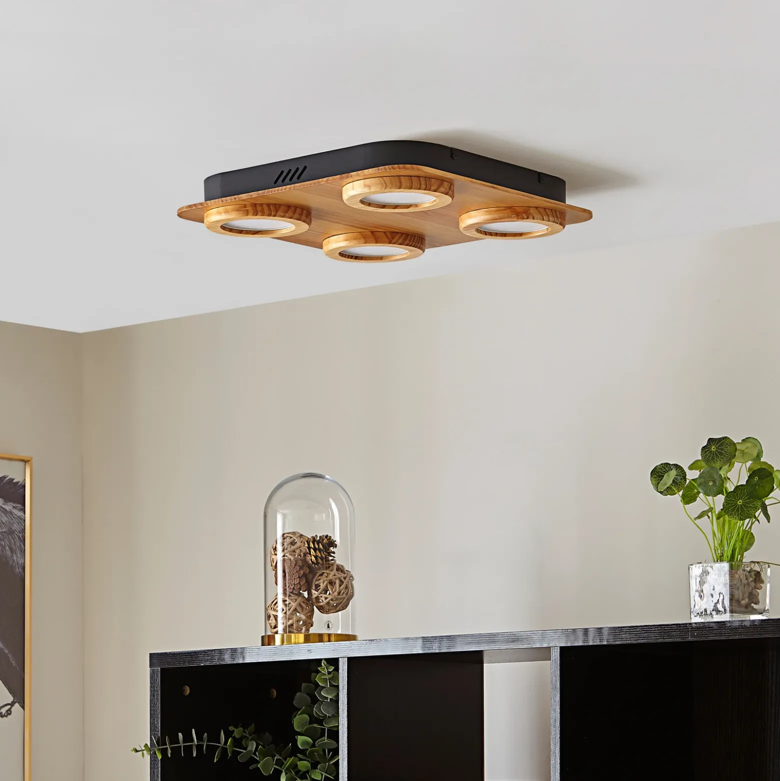 Foco LED Lindby Joren, madera, 38 x 38 cm, 4 luces, 3.000 K