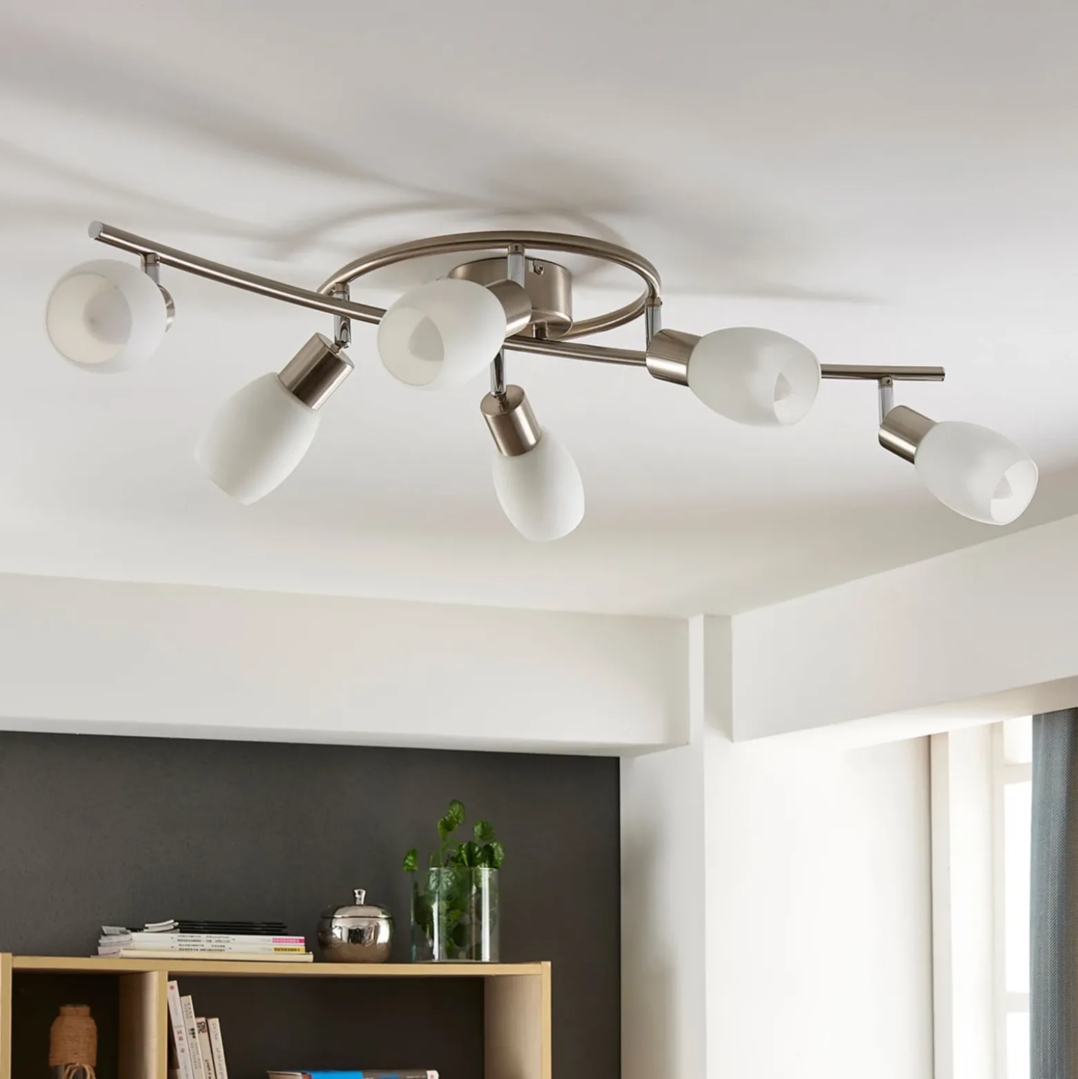 Foco Lindby Arda, 75 cm, 6 luces, níquel, cristal, E14