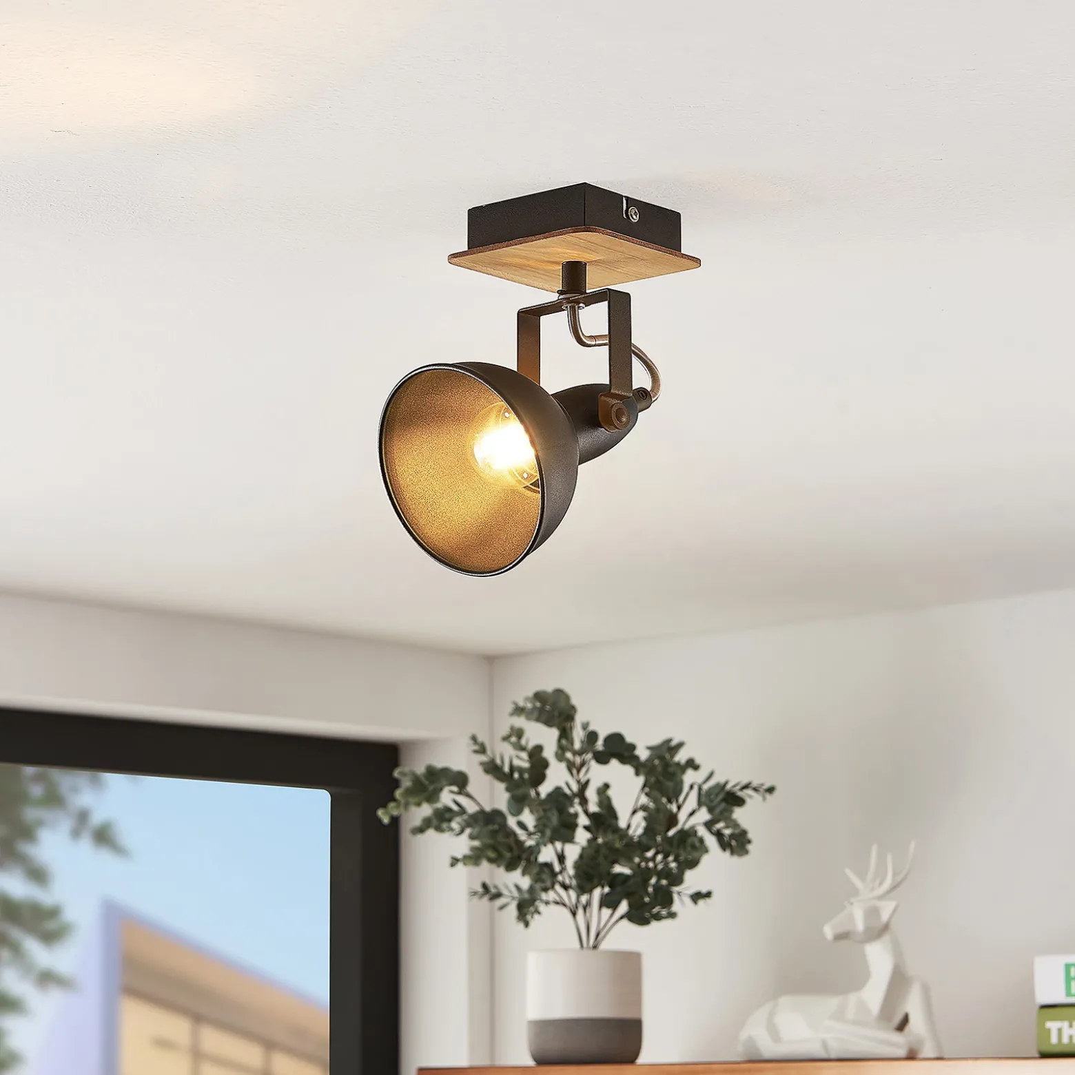Foco Lindby Aylis, altura 14 cm, negro, madera, E14