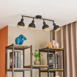 Foco Lindby Lonnaris, ratán, negro, 4 luces.
