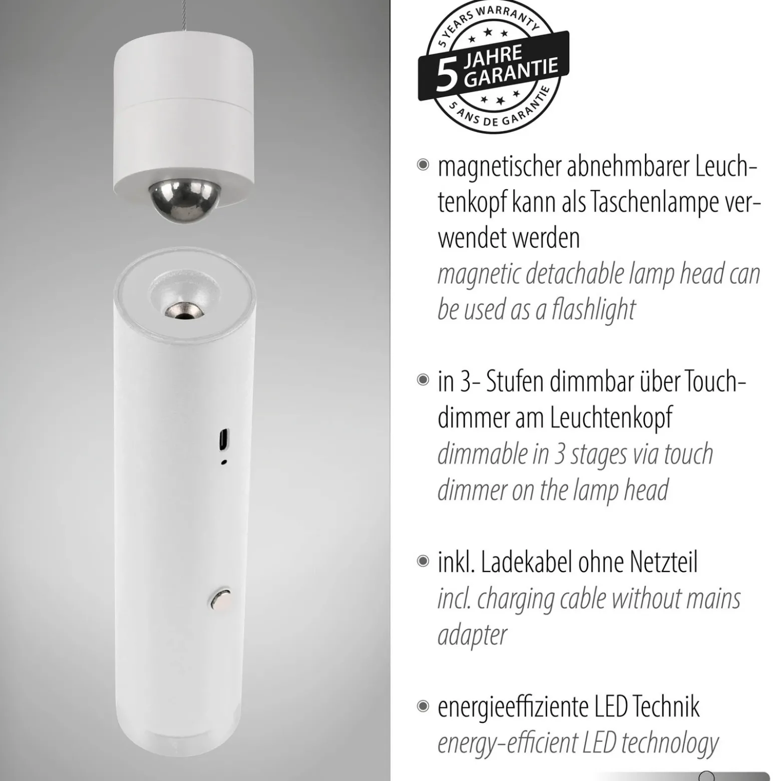 JUST LIGHT. Lámpara colgante LED recargable Attach, blanco, hierro
