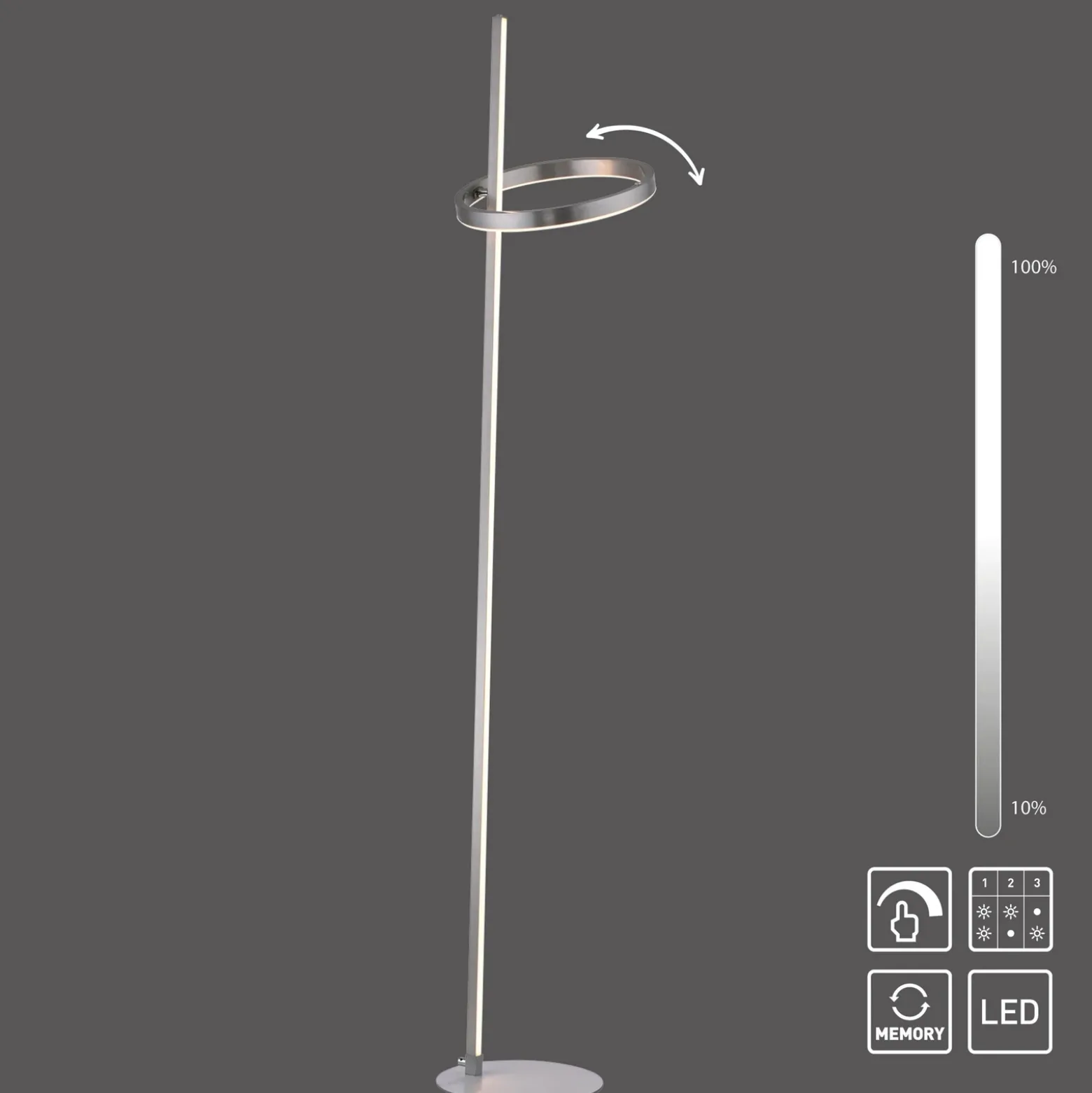 JUST LIGHT. Lámpara de pie LED Ritus plata hierro atenuable 3000 K