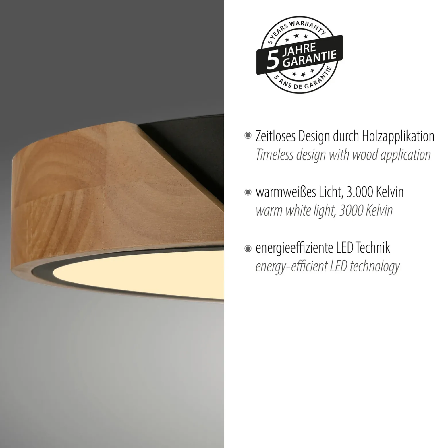 JUST LIGHT. Plafón LED Bila, negro, Ø 32 cm, madera