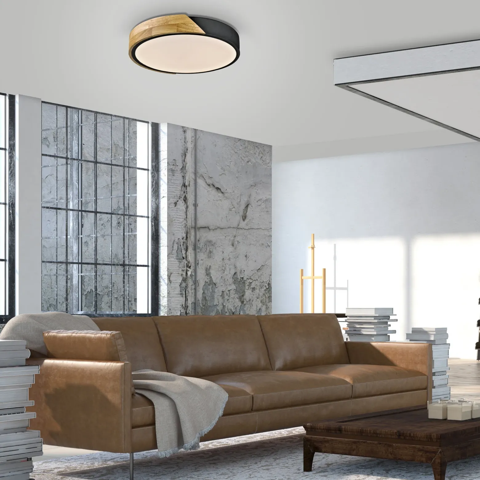 JUST LIGHT. Plafón LED Bila, negro, Ø 32 cm, madera