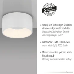 JUST LIGHT. Plafón LED Tanika, blanco, Ø 16 cm, atenuable
