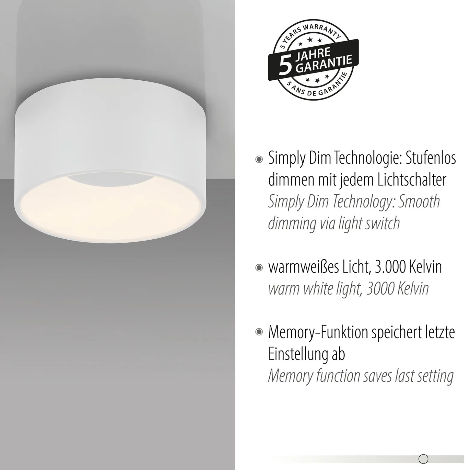 JUST LIGHT. Plafón LED Tanika, blanco, Ø 16 cm, atenuable