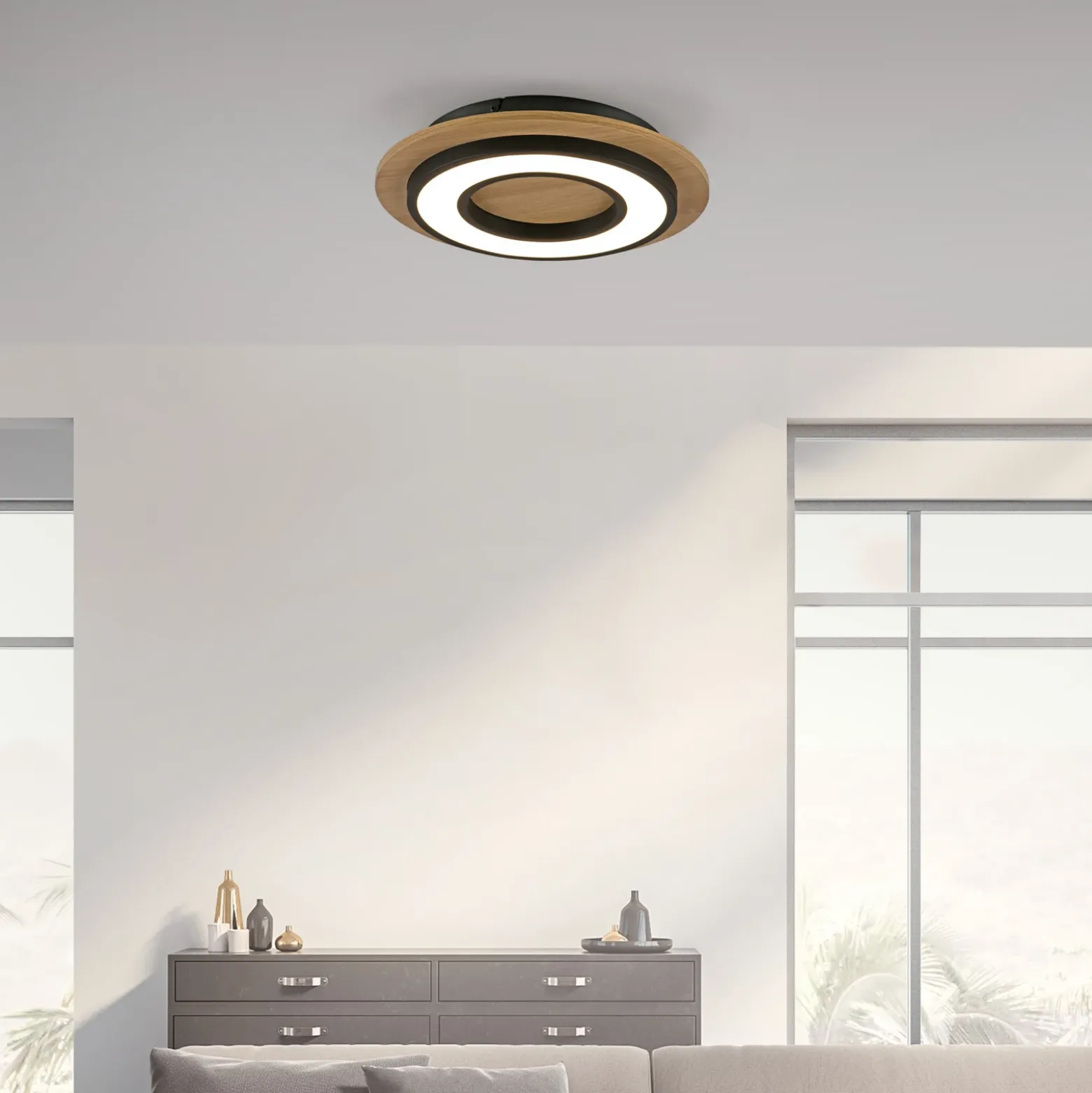 JUST LIGHT. Plafón LED Tola, redondo, madera, 3.000 K