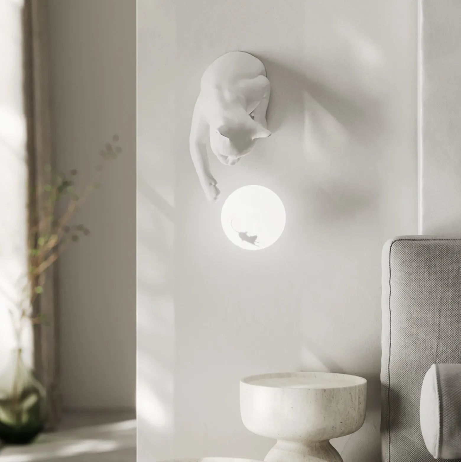 Karman aplique de pared Maoo, cerámica blanca, cristal, figura de gato