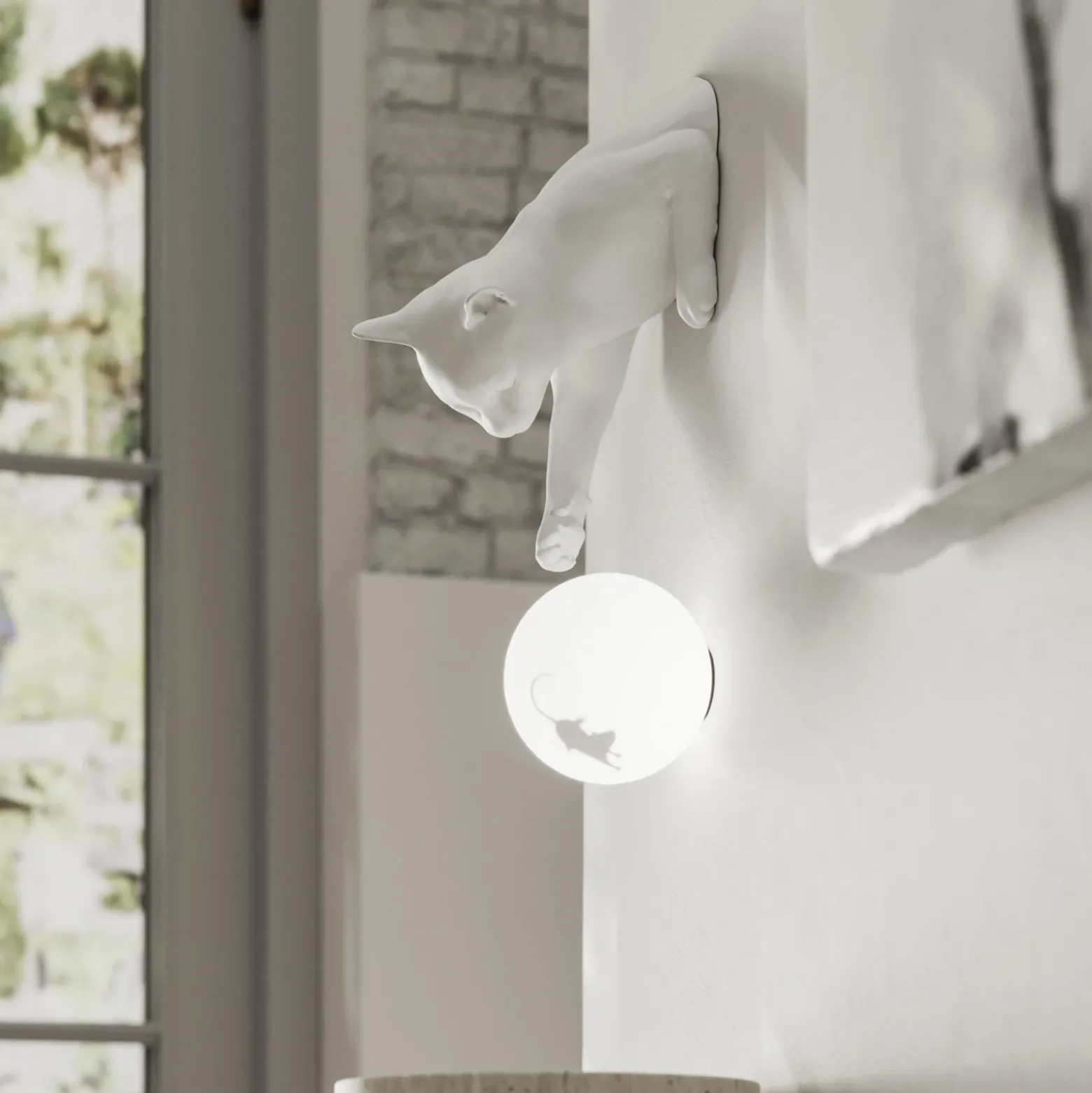 Karman aplique de pared Maoo, cerámica blanca, cristal, figura de gato