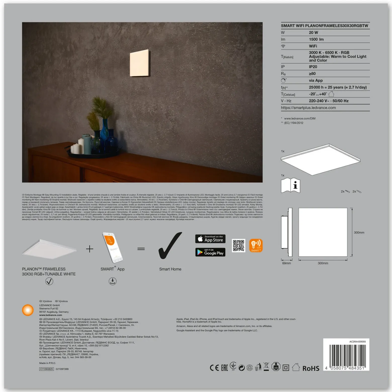 LEDVANCE SMART+ WiFi Planon panel LED RGBW 30x30cm