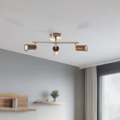 Legno downlight de techo, lineal, 3 luces, marrón / latón, madera