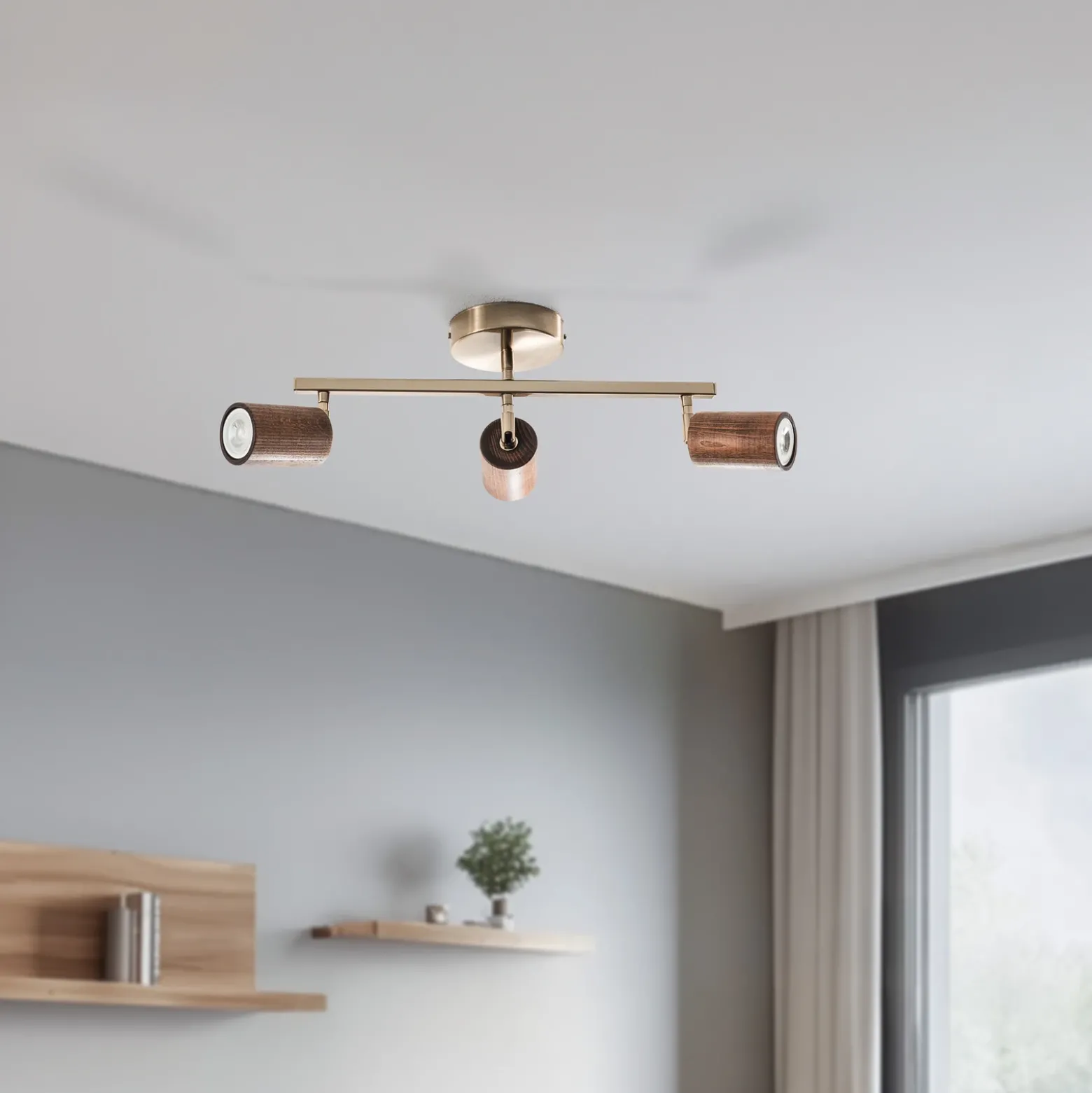 Legno downlight de techo, lineal, 3 luces, marrón / latón, madera