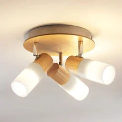 Lindby ceiling spotlight Christoph, 20 cm, 3 luces, madera, rondel