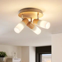 Lindby ceiling spotlight Christoph, 20 cm, 3 luces, madera, rondel