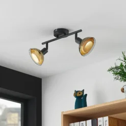 Lindby downlight de techo Erin, negro/oro, 2 luces, cristal