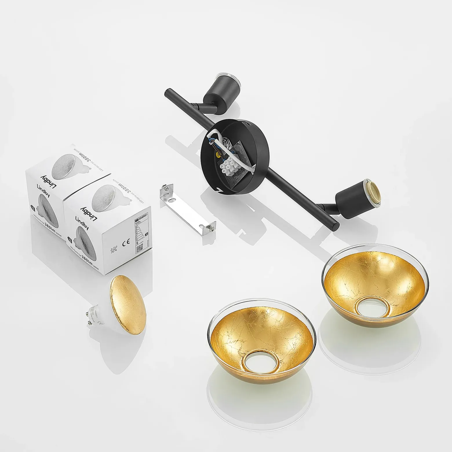 Lindby downlight de techo Erin, negro/oro, 2 luces, cristal