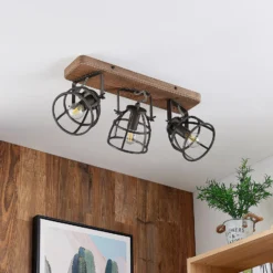 Lindby downlight de techo Rutger, 52cm, 3 luces, madera, jaula, E14