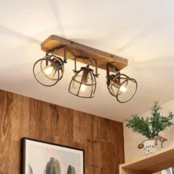 Lindby downlight de techo Rutger, 52cm, 3 luces, madera, jaula, E14