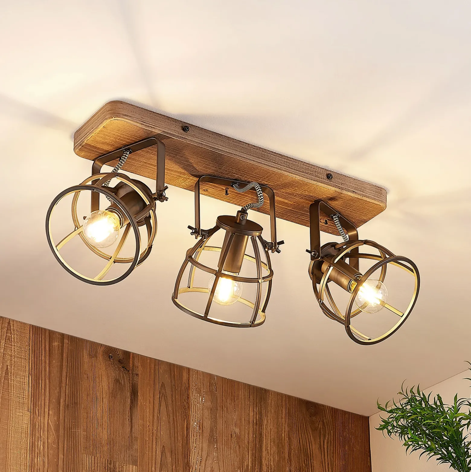 Lindby downlight de techo Rutger, 52cm, 3 luces, madera, jaula, E14