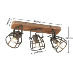 Lindby downlight de techo Rutger, 52cm, 3 luces, madera, jaula, E14