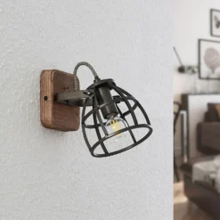 Lindby downlight de techo Rutger, 16cm, 2 luces, madera, jaula, E14