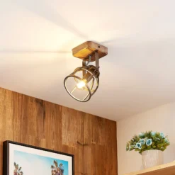 Lindby downlight de techo Rutger, 16cm, 2 luces, madera, jaula, E14
