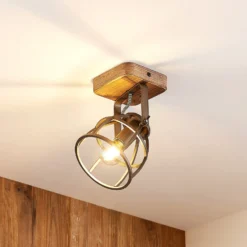 Lindby downlight de techo Rutger, 16cm, 2 luces, madera, jaula, E14