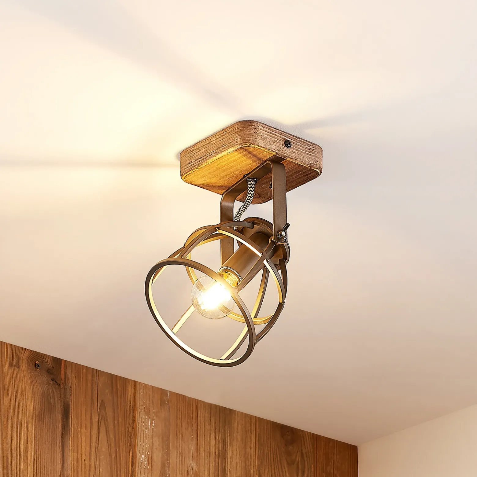 Lindby downlight de techo Rutger, 16cm, 2 luces, madera, jaula, E14