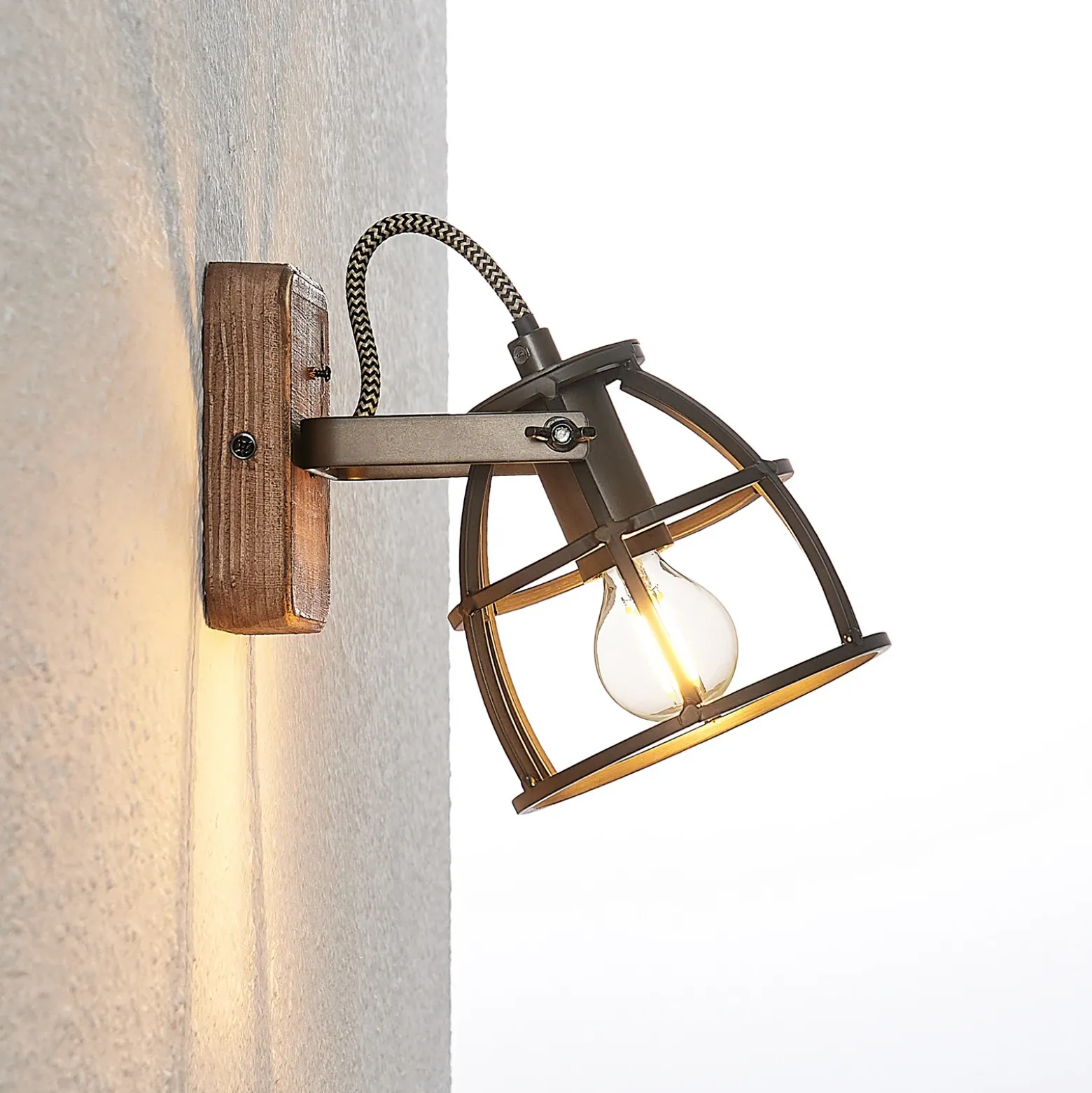Lindby downlight de techo Rutger, 16cm, 2 luces, madera, jaula, E14