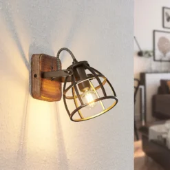 Lindby downlight de techo Rutger, 16cm, 2 luces, madera, jaula, E14