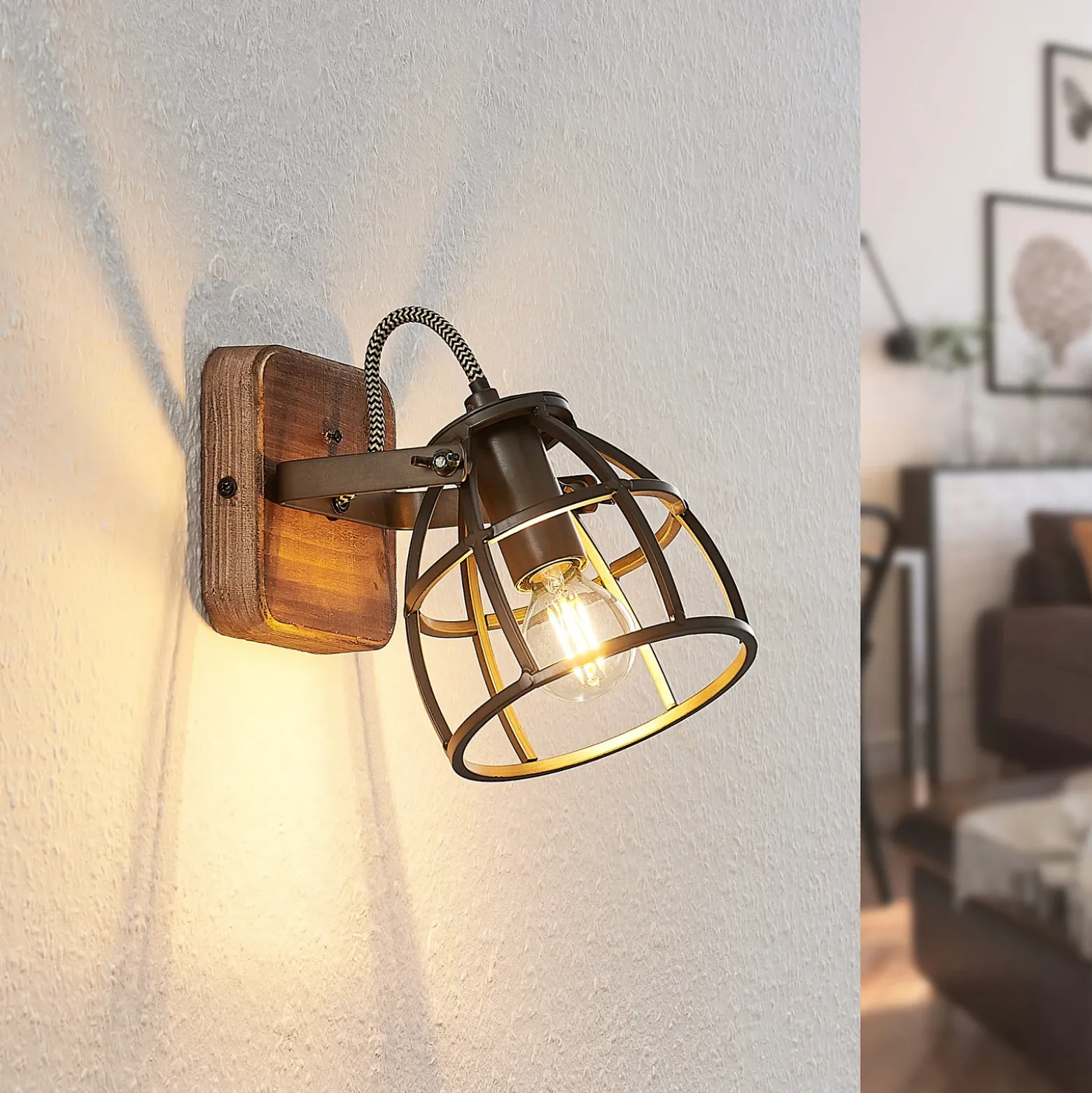 Lindby downlight de techo Rutger, 16cm, 2 luces, madera, jaula, E14