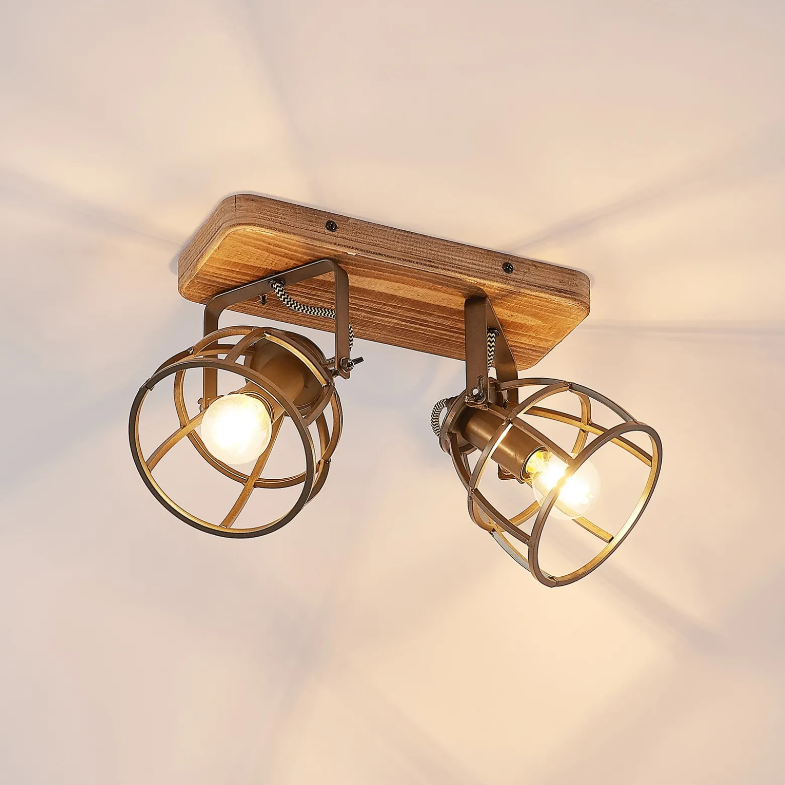 Lindby downlight de techo Rutger, 36cm, 2 luces, madera, jaula, E14