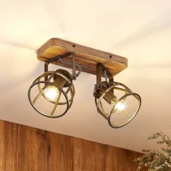 Lindby downlight de techo Rutger, 36cm, 2 luces, madera, jaula, E14