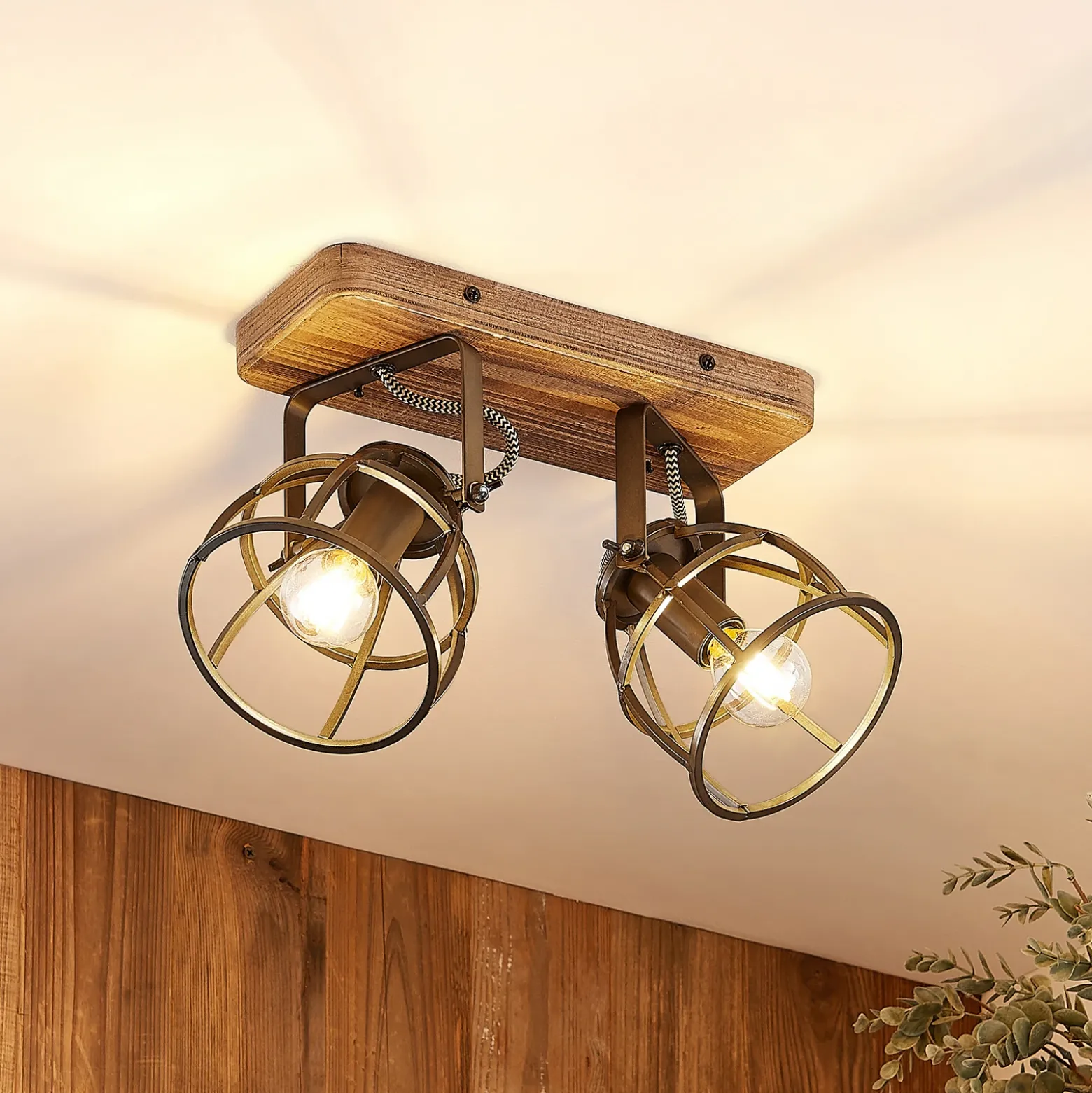 Lindby downlight de techo Rutger, 36cm, 2 luces, madera, jaula, E14