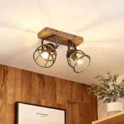 Lindby downlight de techo Rutger, 36cm, 2 luces, madera, jaula, E14