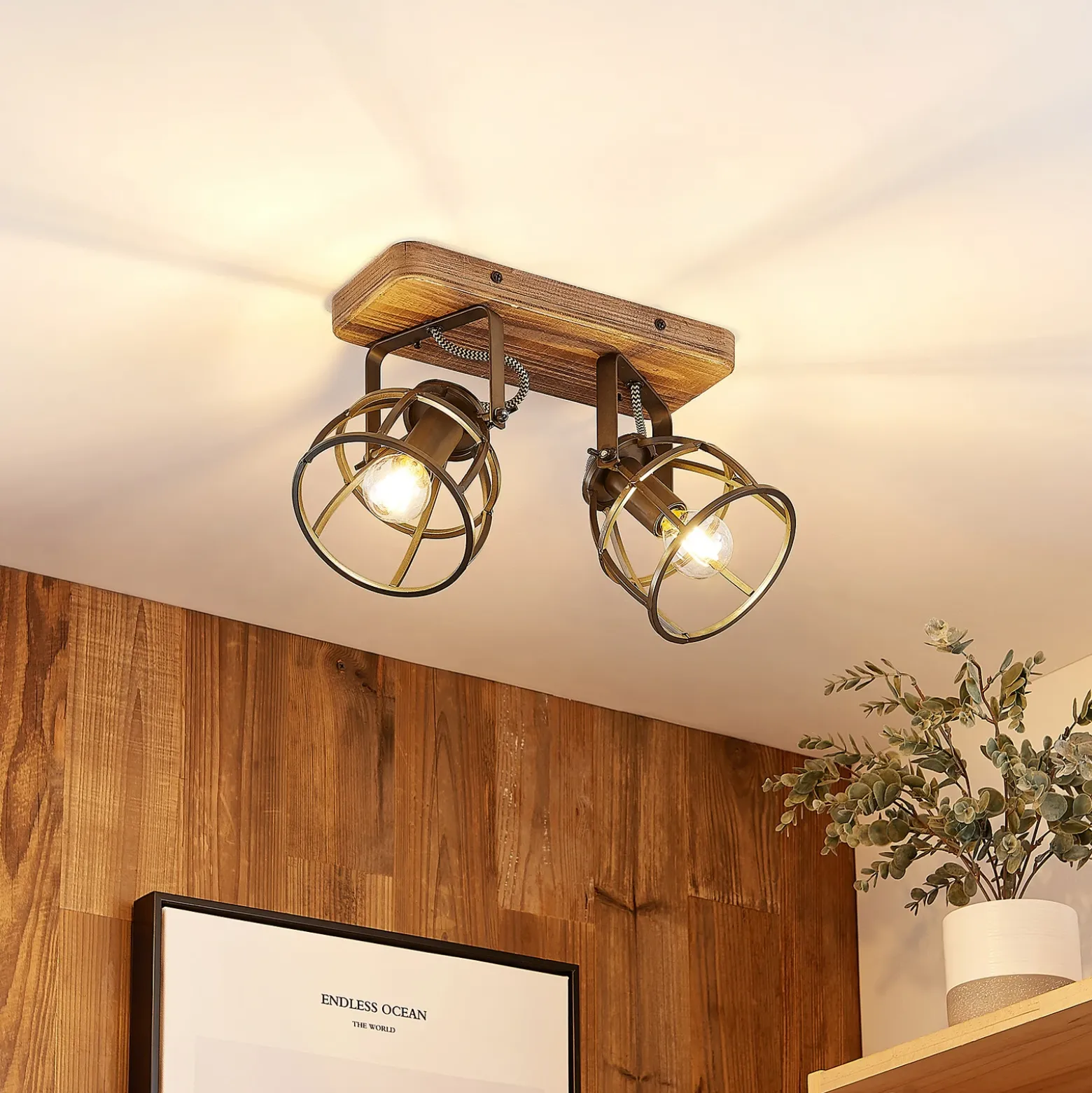 Lindby downlight de techo Rutger, 36cm, 2 luces, madera, jaula, E14