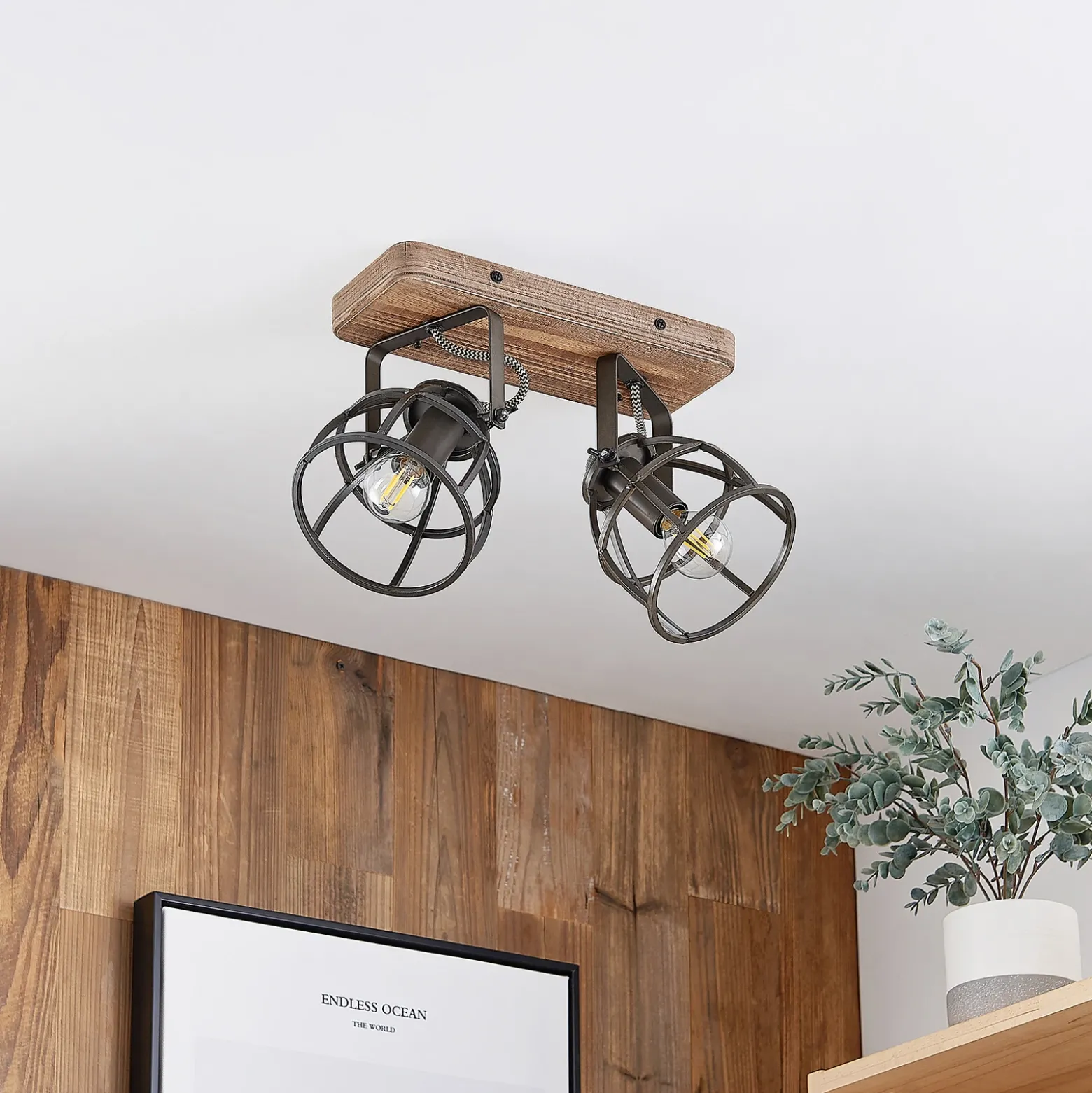 Lindby downlight de techo Rutger, 36cm, 2 luces, madera, jaula, E14