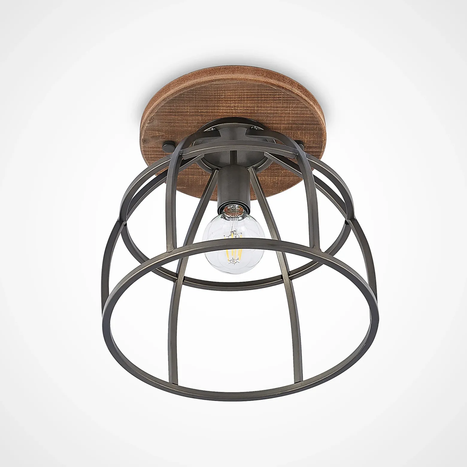 Lindby downlight de techo Rutger, Ø 34 cm, madera, jaula, E27
