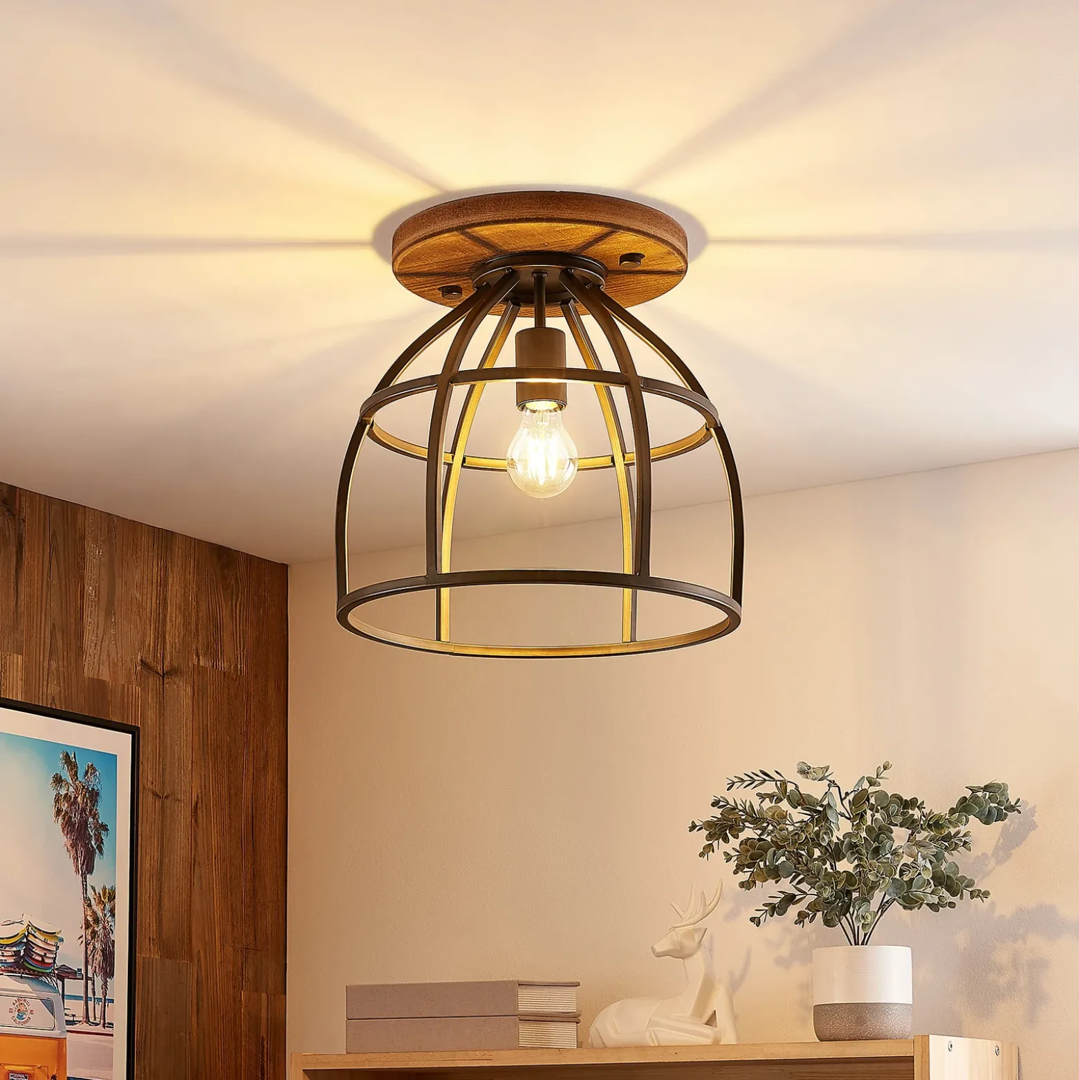 Lindby downlight de techo Rutger, Ø 34 cm, madera, jaula, E27