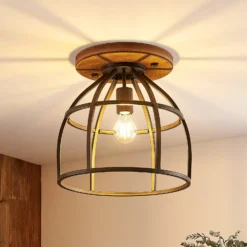Lindby downlight de techo Rutger, Ø 34 cm, madera, jaula, E27