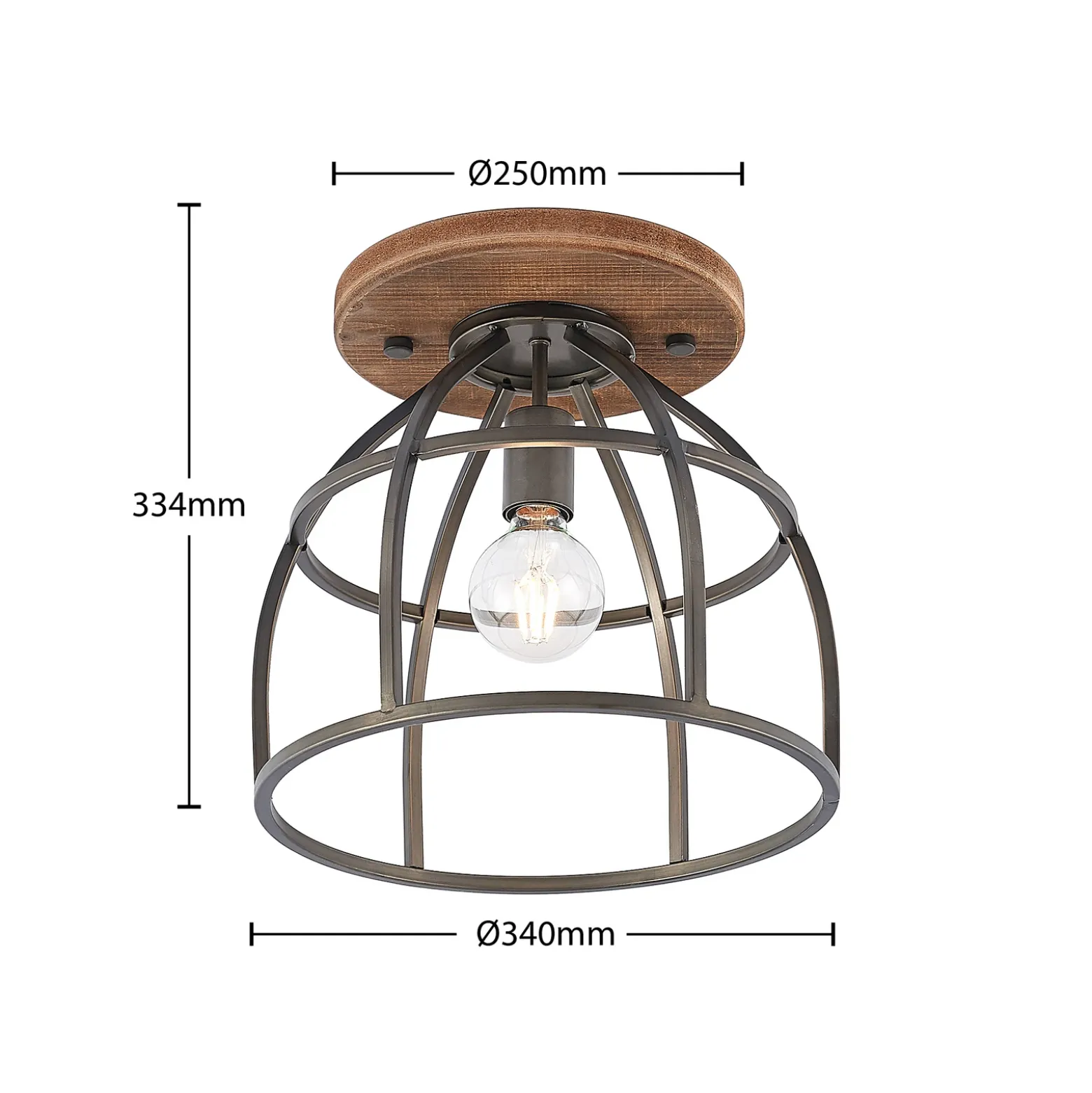 Lindby downlight de techo Rutger, Ø 34 cm, madera, jaula, E27