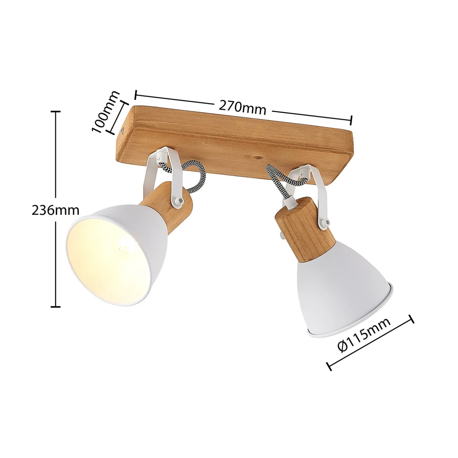Lindby Downlight Merela, blanco, 28 cm, 2 luces, madera, E14