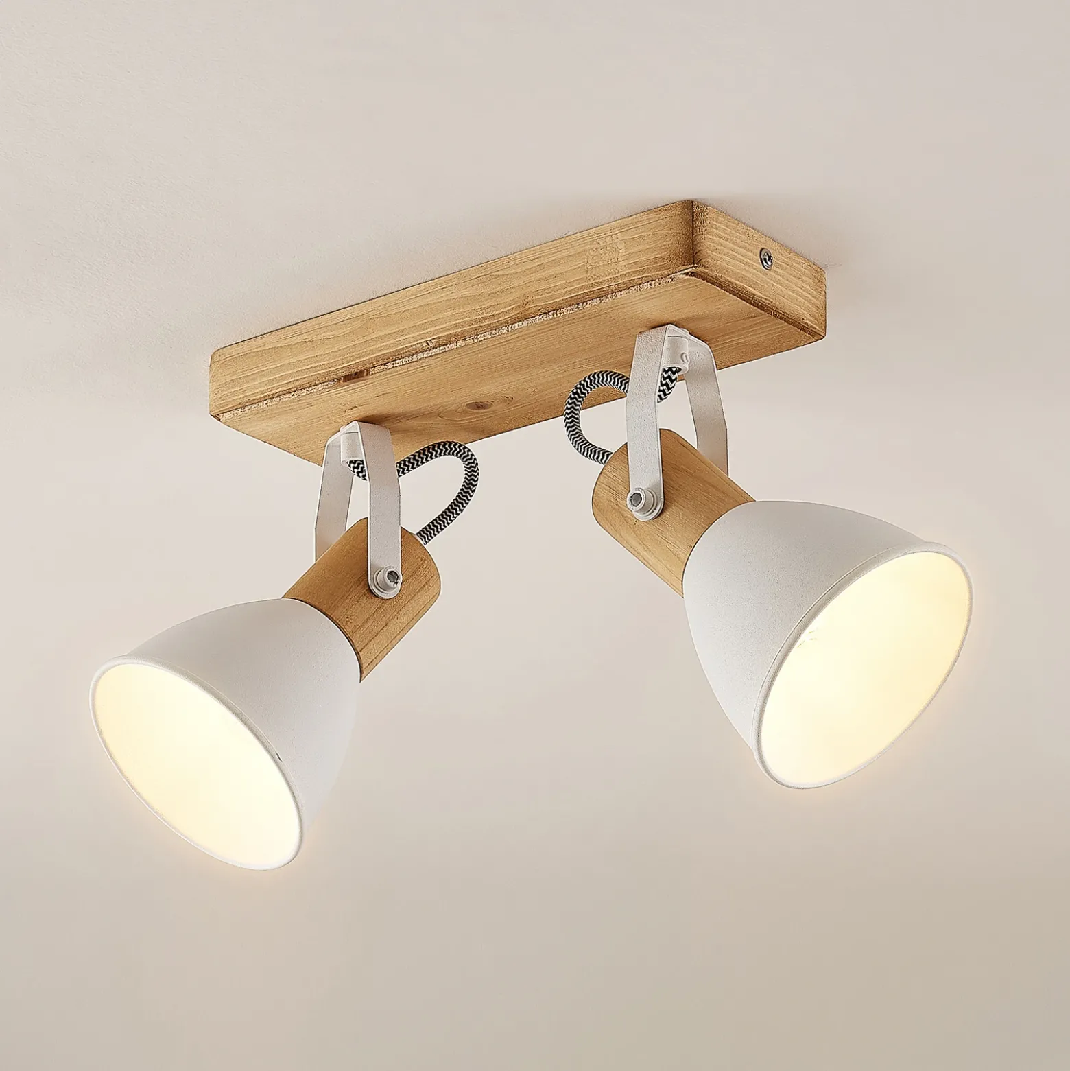 Lindby Downlight Merela, blanco, 28 cm, 2 luces, madera, E14