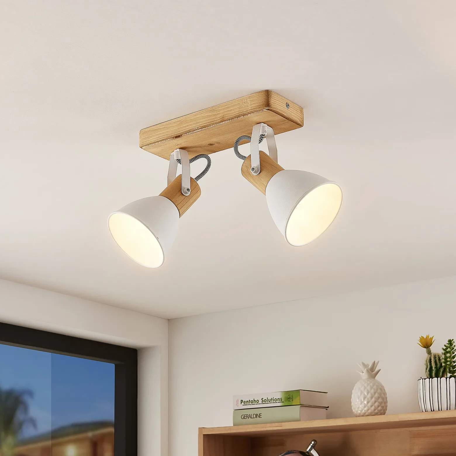 Lindby Downlight Merela, blanco, 28 cm, 2 luces, madera, E14