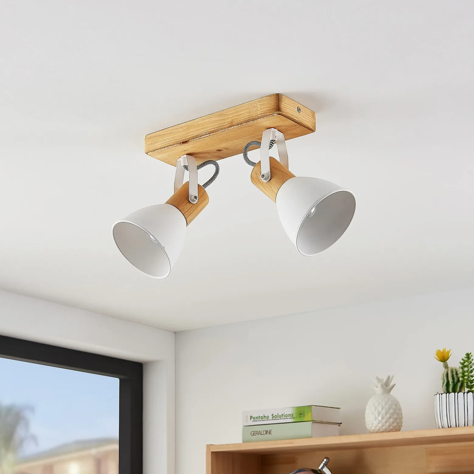 Lindby Downlight Merela, blanco, 28 cm, 2 luces, madera, E14