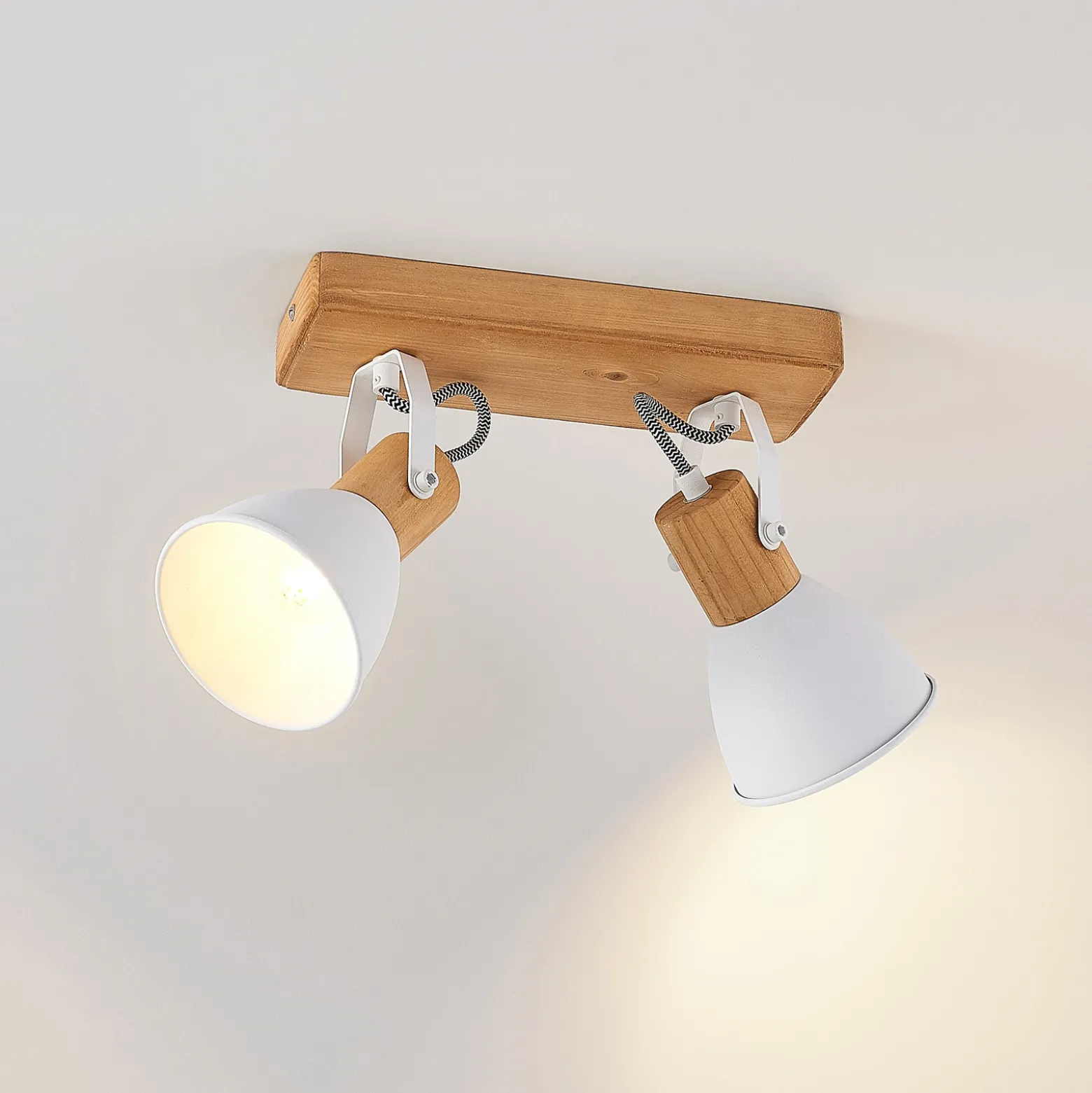 Lindby Downlight Merela, blanco, 28 cm, 2 luces, madera, E14