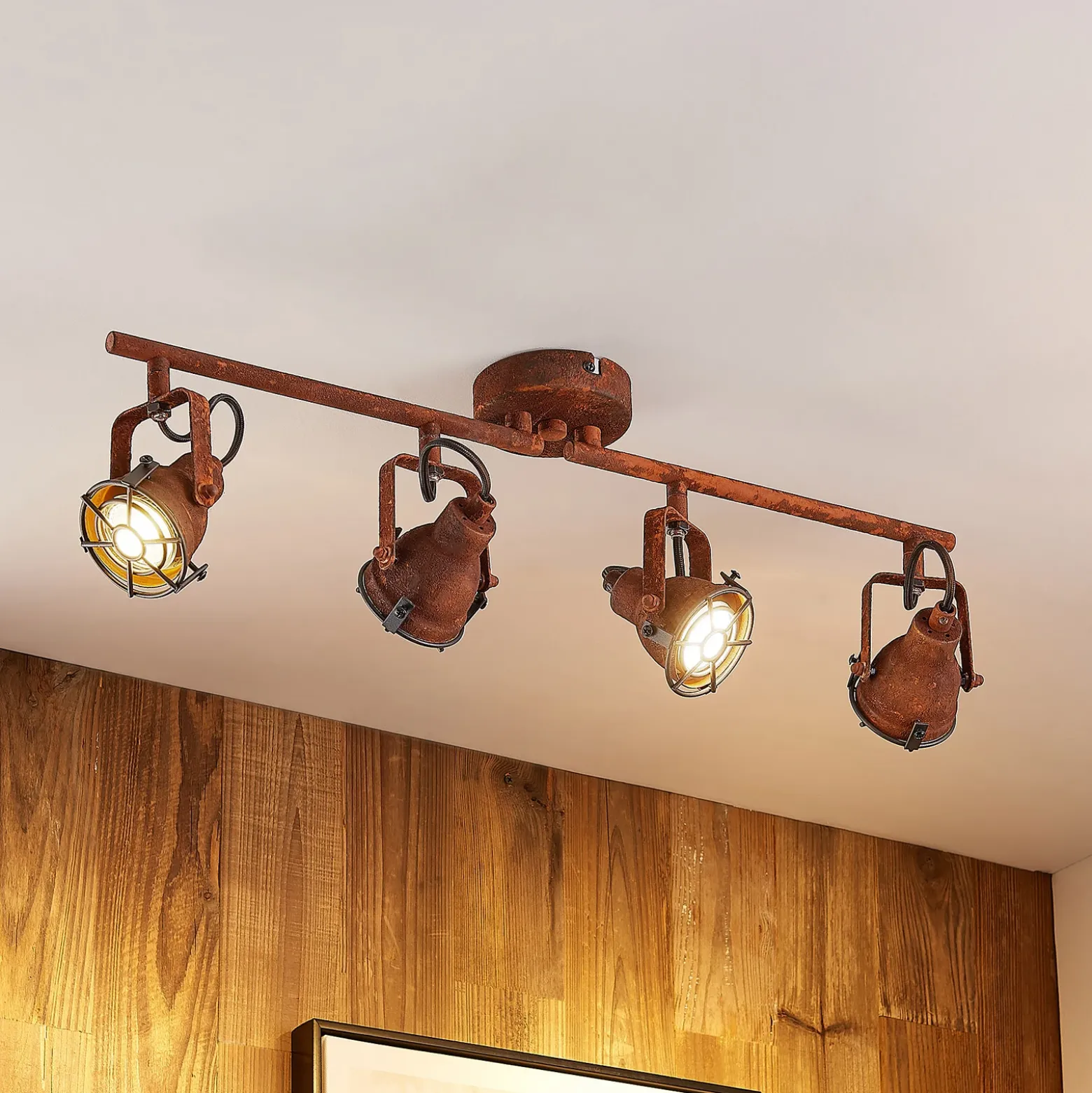 Lindby downlight Scabra, 63 cm, marrón óxido, 4 luces, metal