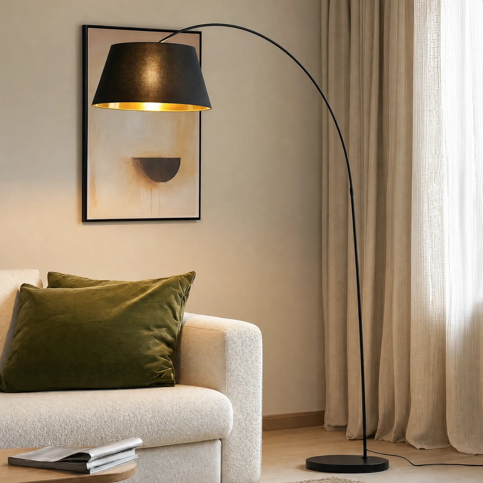 Lindby Esti lámpara de pie, negro/oro, tela, altura 192cm