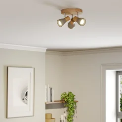 Lindby Filiz foco, 3 luces, Ø 20 cm, madera, hormigón, E14